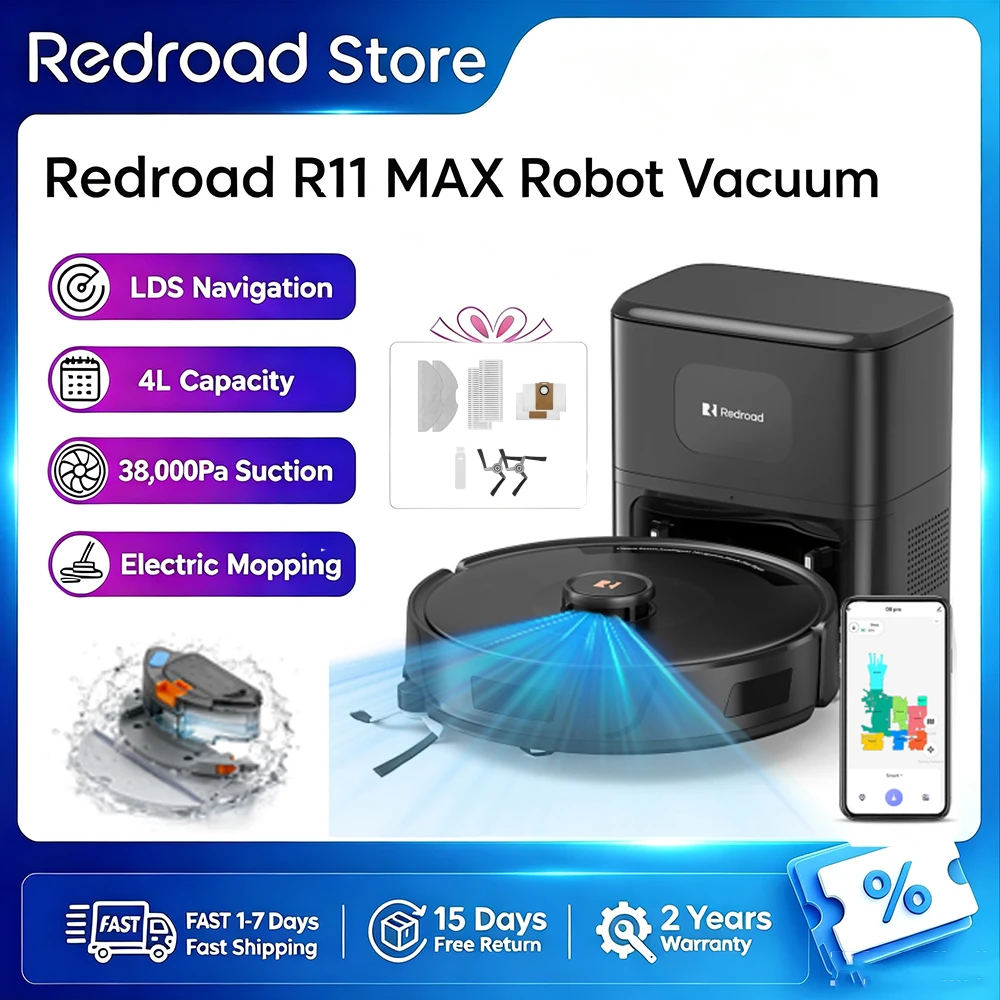 Robot aspirateur R11-Max 38 000 Pa avec navigation intelligente LDS, station de vidage automatique, contrôle par application, nettoyage des sols et des tapis Redroad