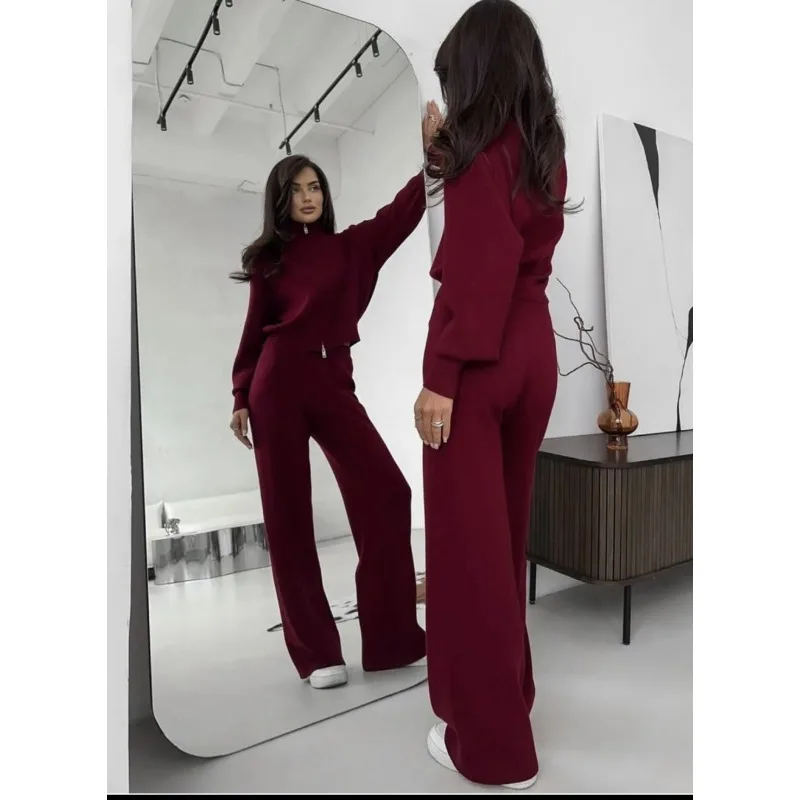 New Autumn Women's Fashion Set, Featuring A Zipper Knitted Sweater, Top and Wide-leg Trousers,versatile Casual Outfit for Women.