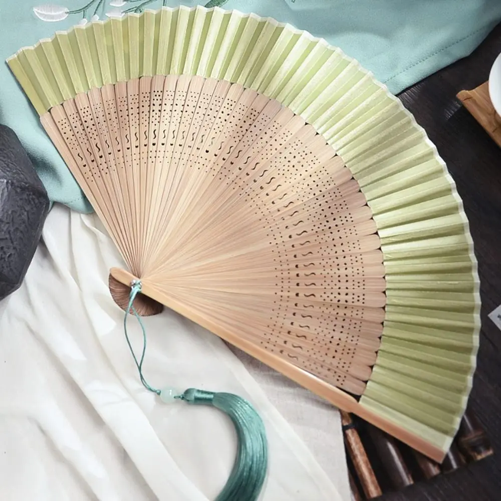 Portable Carved Handle Bamboo Folding Fan with Tassel Handhold Chinese Fan Vintage Dance Fan Photo Props