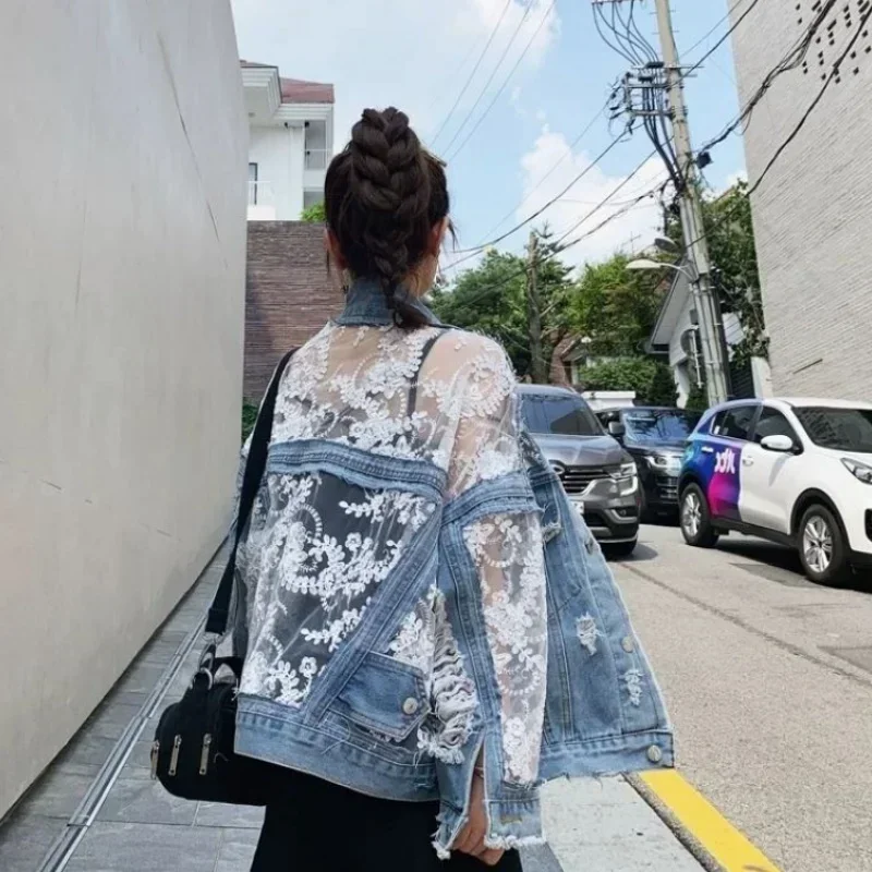 Chaquetas Mujer Summer Spring Streetwear Embroidery Lace Patchwork Sexy Denim Jacket Women Frayed Tassel Loose Jeans Coat