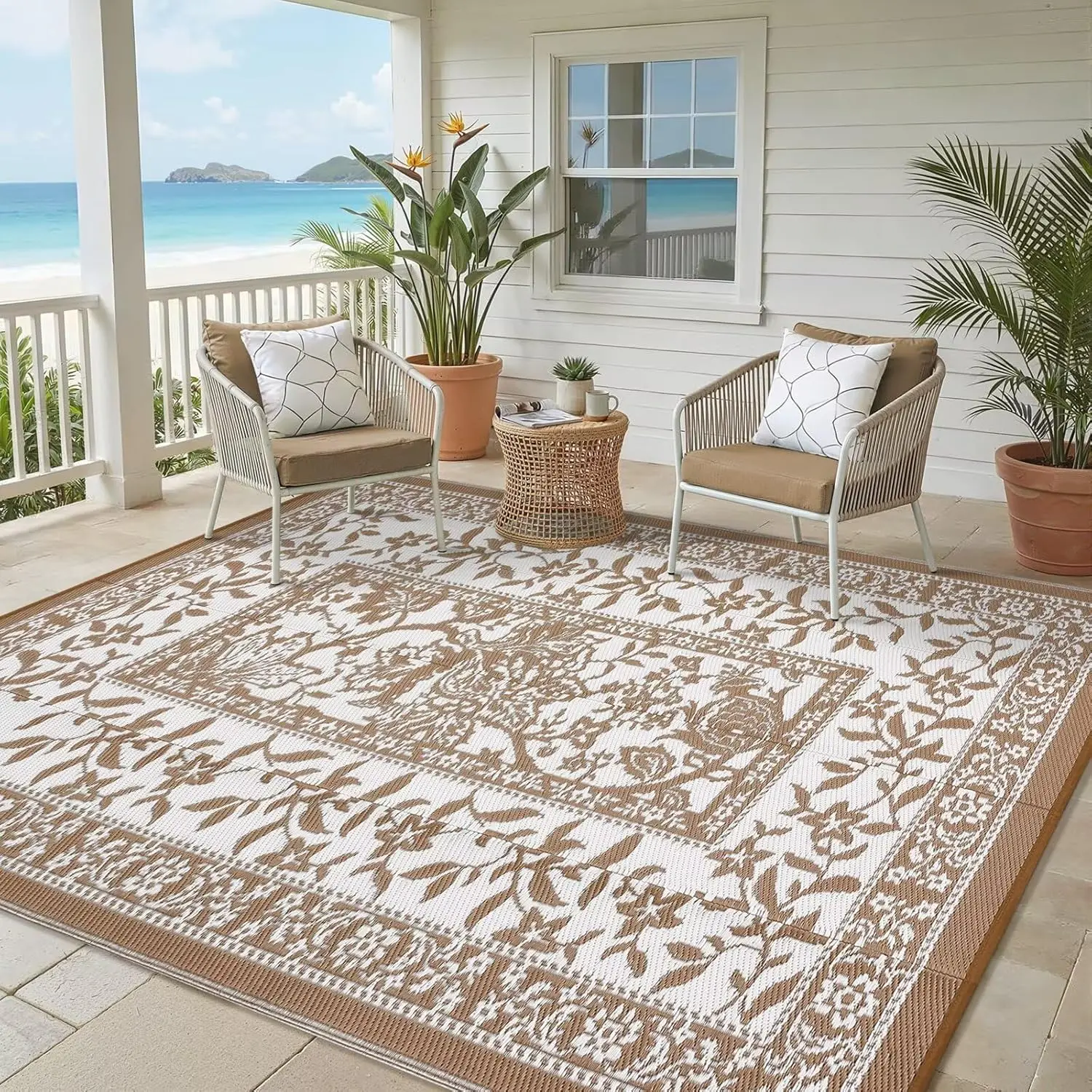 

Outdoor Rug 5x8, Waterproof Reversible Foldable Plastic Straw Rug, Botanical cottagecore Outdoor Rugs Patio Camping RV Carpet