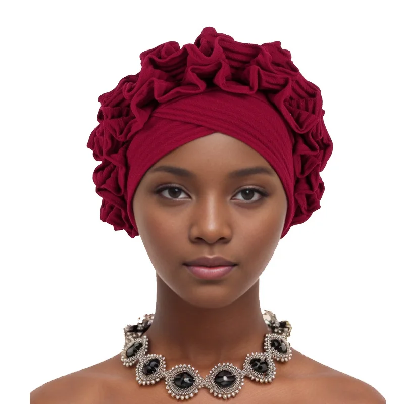 

African Auto Gele Headtie Aso Oke Nigeria Pleated Flower Headscarf Turban Cap for Women Muslim Hijab Bonnet Hat Headwear Wraps