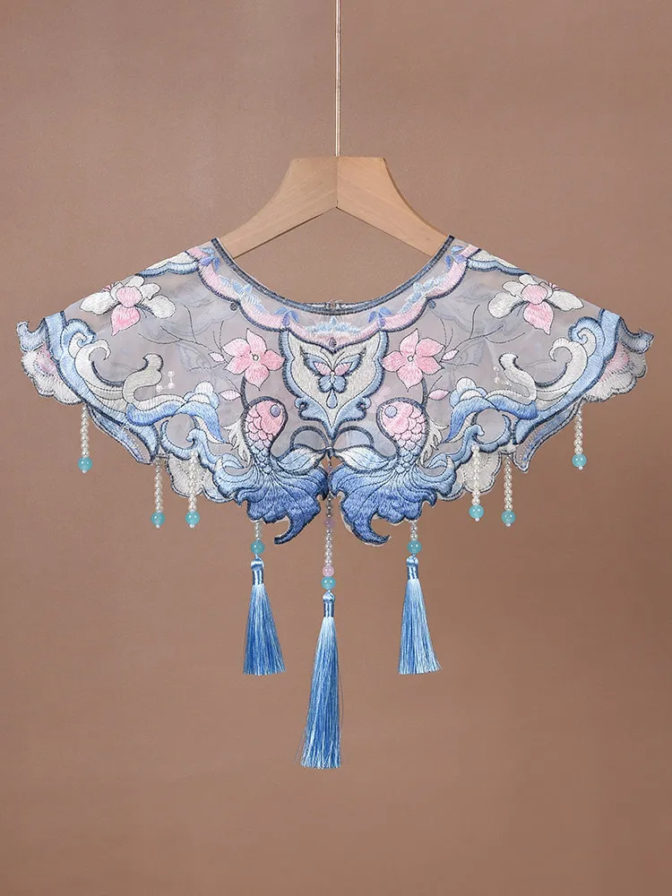 Women Chinese Hanfu Cloud Collar Blue Embroidered Butterfly Flower Faux Pearl Bead Tassel Detachable Fake Collar Shawl For Daily
