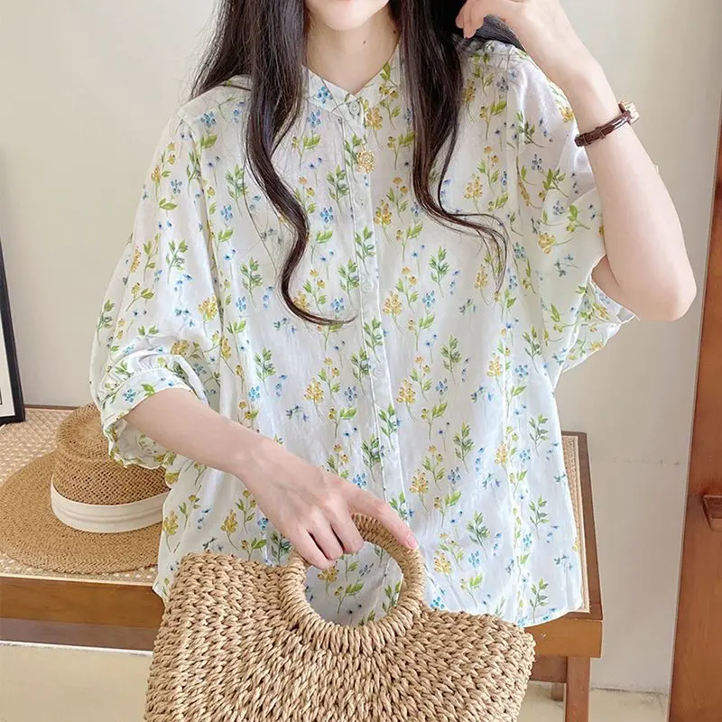

100% pure cotton floral printed bat sleeves shirt for women summer casual loose short sleeves sweet tops Fashion Women Clothing