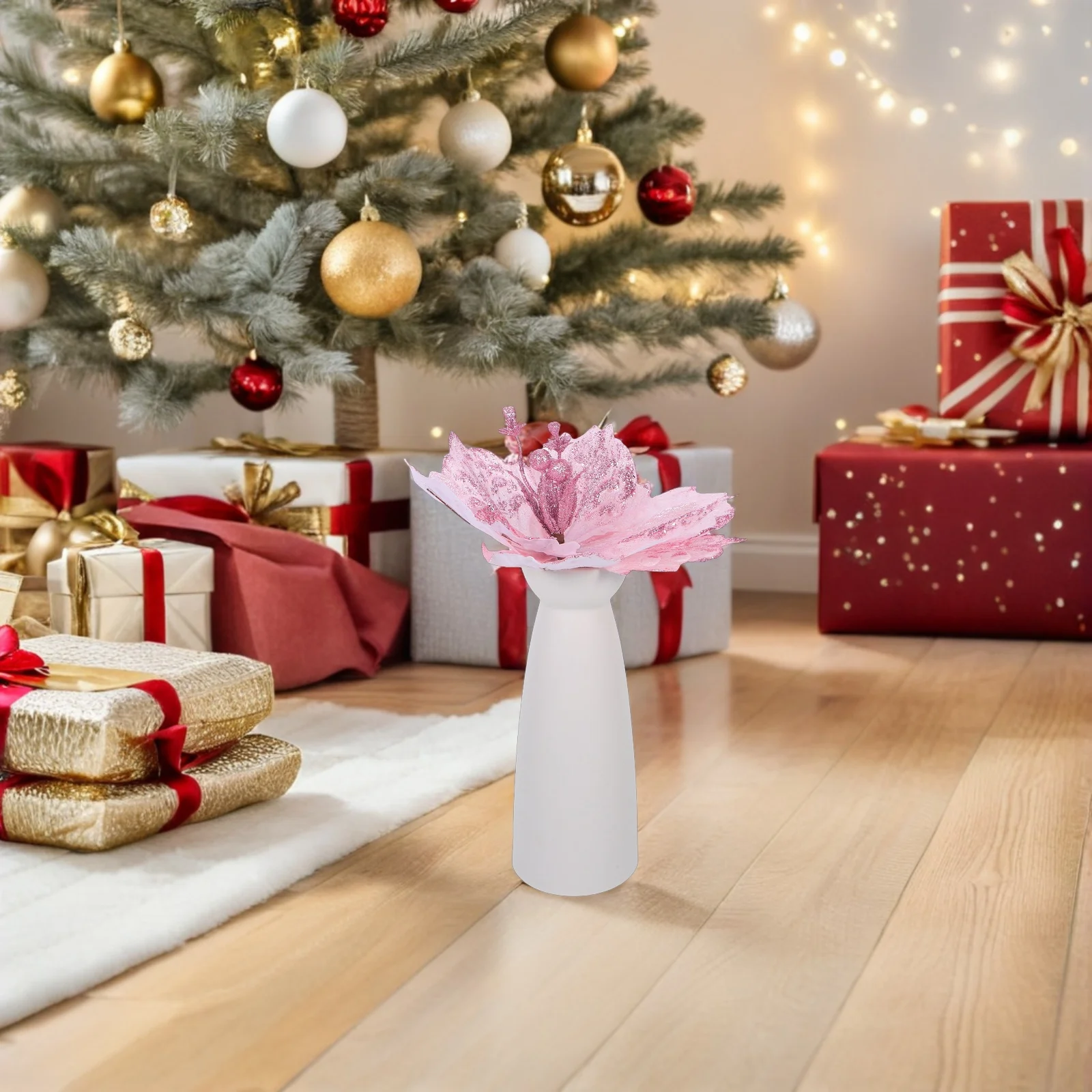 

4Pcs Festive Christmas Flowers Pink Sequin Embellished Faux Blooms Holiday Home Decoration Winter Wedding Garland Craft DIY