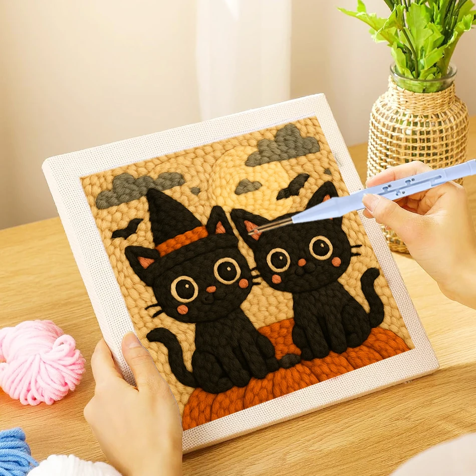 

Punch Neddle Kit Black Cat Bat Embroidery Needle Kit with Frame Handcraft Sewing Set Diy Craft Gift for Halloween 25x25cm New