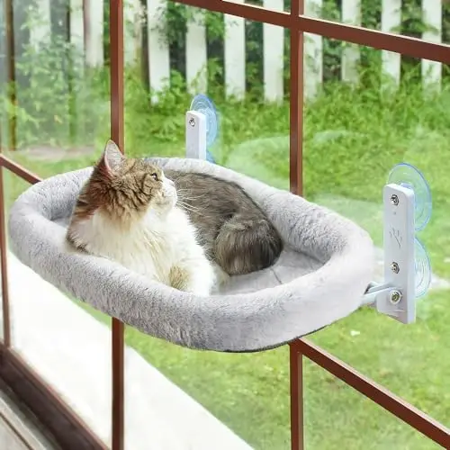 

AMOSIJOY Cordless Cat Window Perch with Suction Cups – Large Gray Foldable Cat Hammock Bed