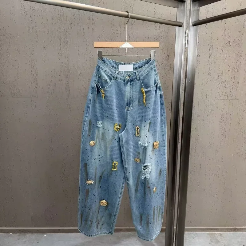 American Vintage Splash Ink Ripped Denim Pants, Heavy Metal Loose Baggy Trousers Women High Waist Baggy Wide Leg Jeans