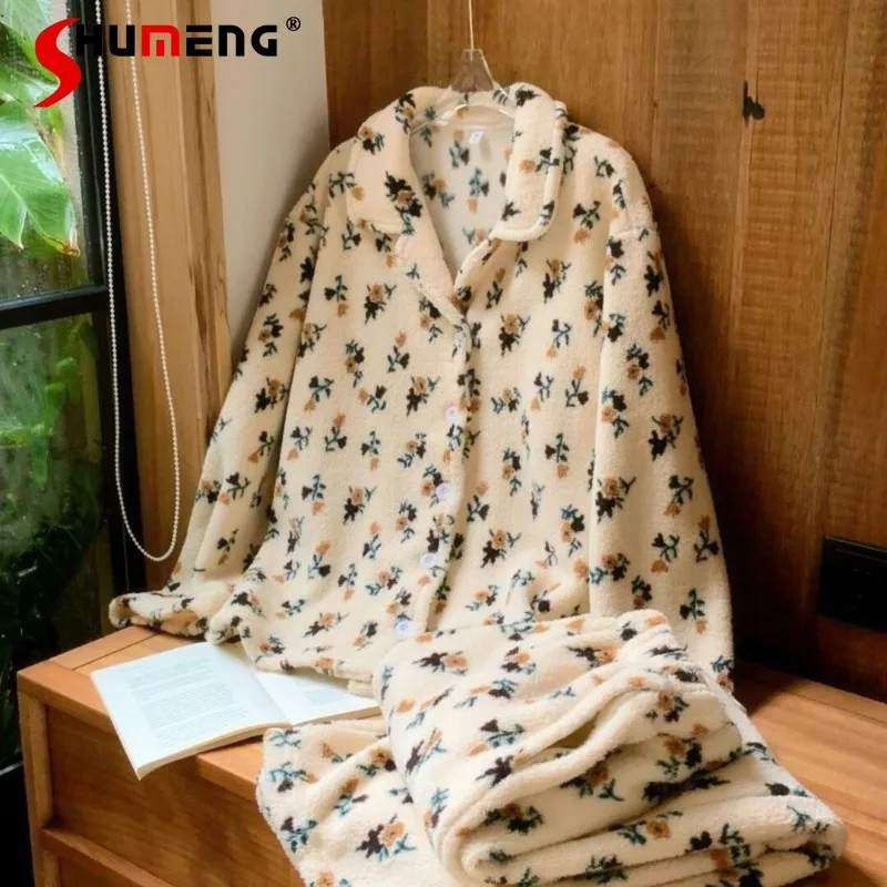 

Japanese Style Floral Pajamas for Women Autumn Winter Fleece Long Sleeve Sleep Set Female Thickened Warm High End Homewear Suit