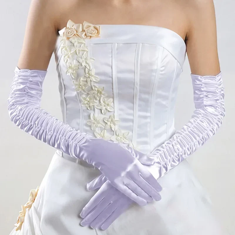 Stain Pleated Wedding Bridal  Long Extra  Evening Opera Party Gloves Full Finger  Ladies Sheer Gloves 2023