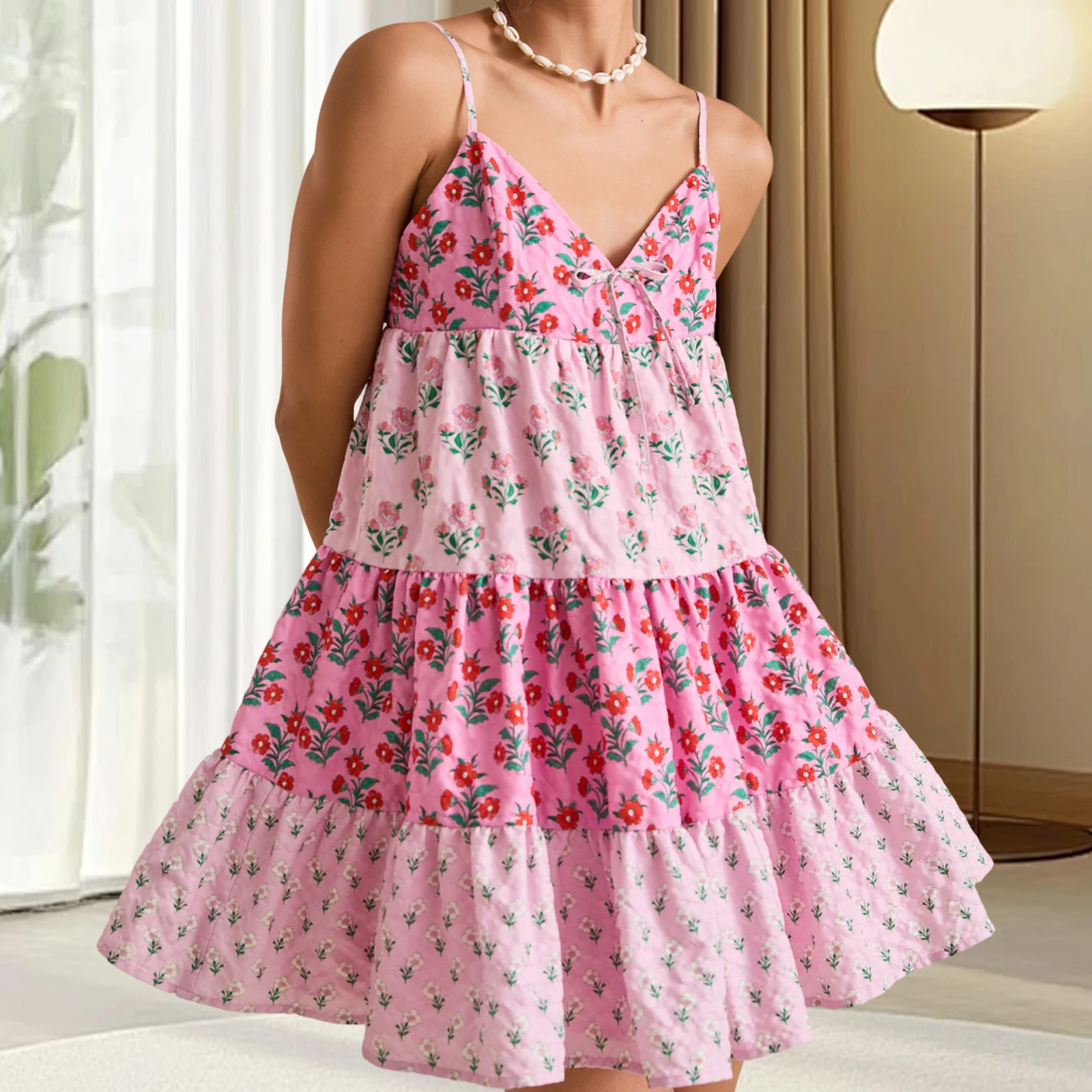 여성 여름 미니 캐미 드레스 민소매 오픈 백 V 넥 플라워 프린트 스파게티 스트랩 드레스