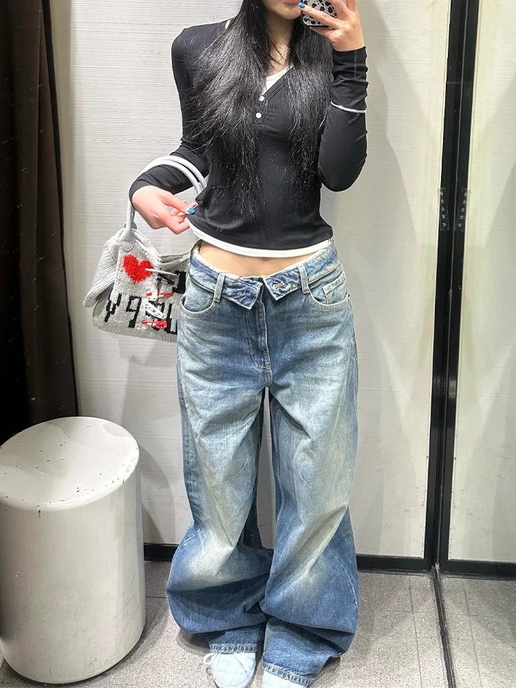 2026 Retro Distressed Cuffed Wide Leg Trousers Draped Casual Loose Slim Vintage Straight Pants Women 's Jeans Street Pantalones