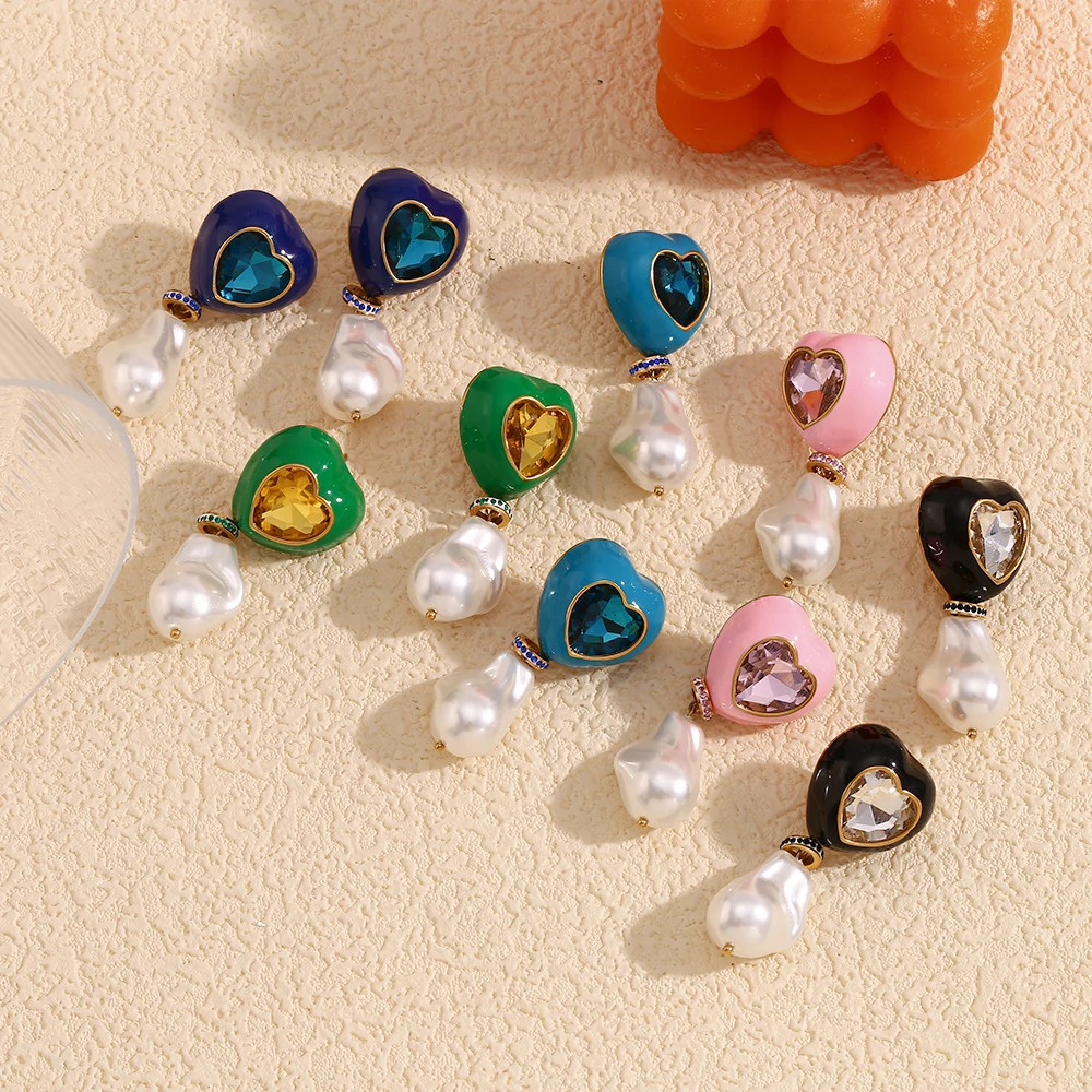 E.B.belle Baroque Style Imitation Pearl Colorful Rhinestone Drip Oil Earrings Colorful Stud Earrings For Women Girls Jewelry