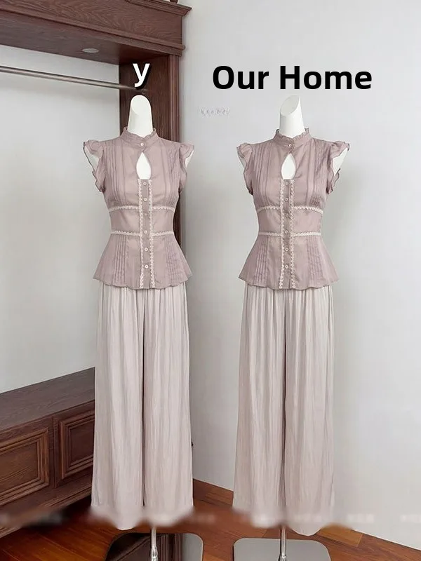 

Korean Style Stand Collar Lace Splice Hollow out T-Shirt Women's Summer New Design Sensation Fly Sleeve Breathable Waist in