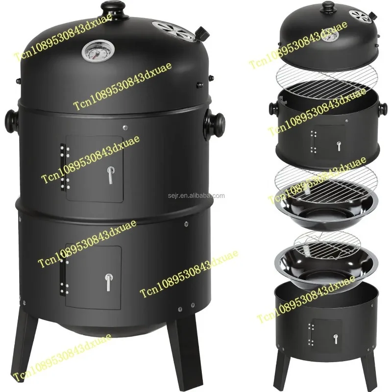 3 in 1 Outdoor BBQ Charcoal Grill, Barbecue, Smoker with Thermometer