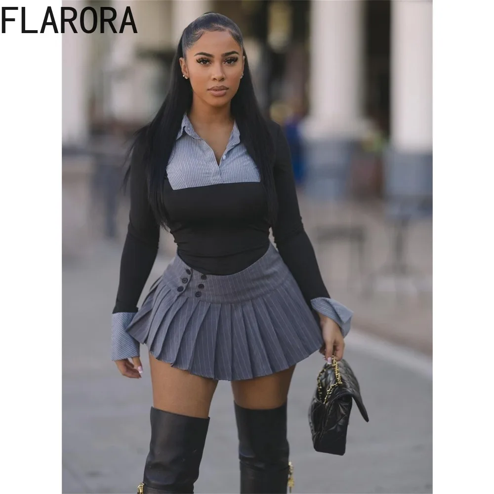 FLARORA موضة المرقعة 2 قطعة مجموعة امرأة بولو الرقبة شريط طباعة سليم القمم والتنانير مطوي وتتسابق الإناث أنيقة الشارع الشهير