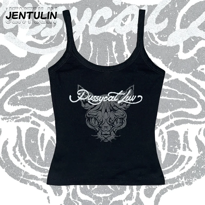 하라주쿠 고스 힙합 푸시캣 러브 그래픽 티셔츠 패션 Y2K 스타일 크롭탑 2000년대 여름 펑크 핫걸 베스트 섹시 탱크탑
