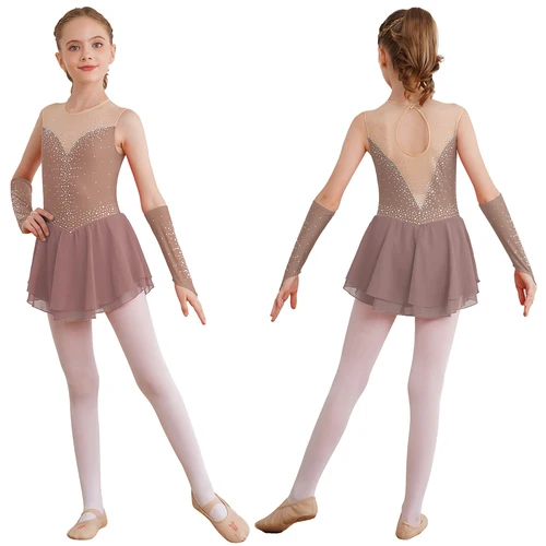 Vestido de patinaje artístico para niñas, danza lírica moderna, Leotardos de gimnasia rítmica, tutú con guantes, Ropa de baile puesta en escena