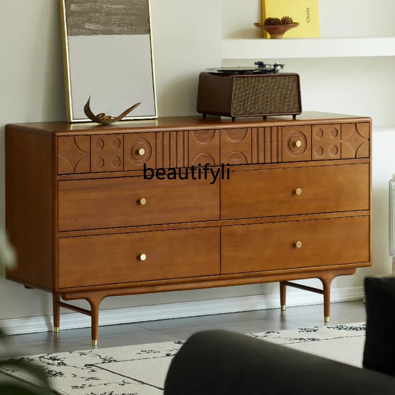 

Six chest cabinets, full solid wood carving flower retro bedroom living room medieval bedside storage locker