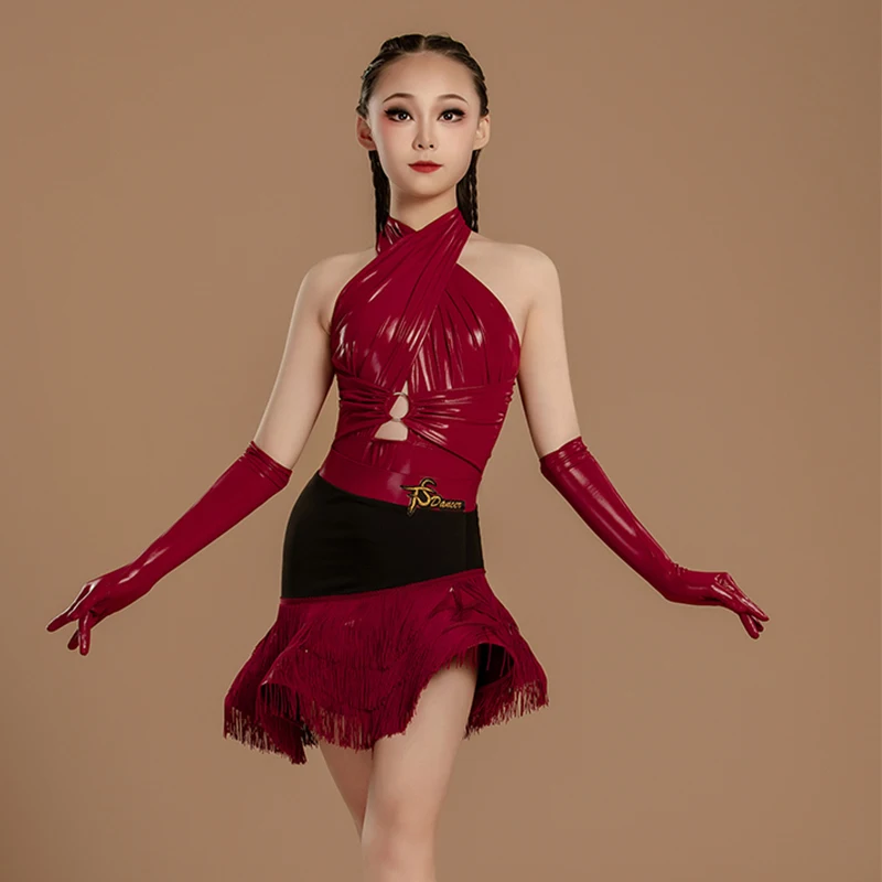 Girls Latin Dance Competition Dress Women Burgundy Hot Pink Fringe Dress Cha Cha Rumba Samba Dance Costume Perform Suit BL15382