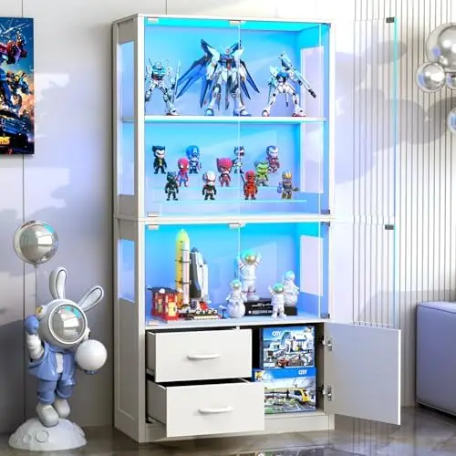 Display Cabinet with Glass Doors, 4-Tier Display Case with 3-Color Lights & Human Body Sensor, Storage Cabinets with 3