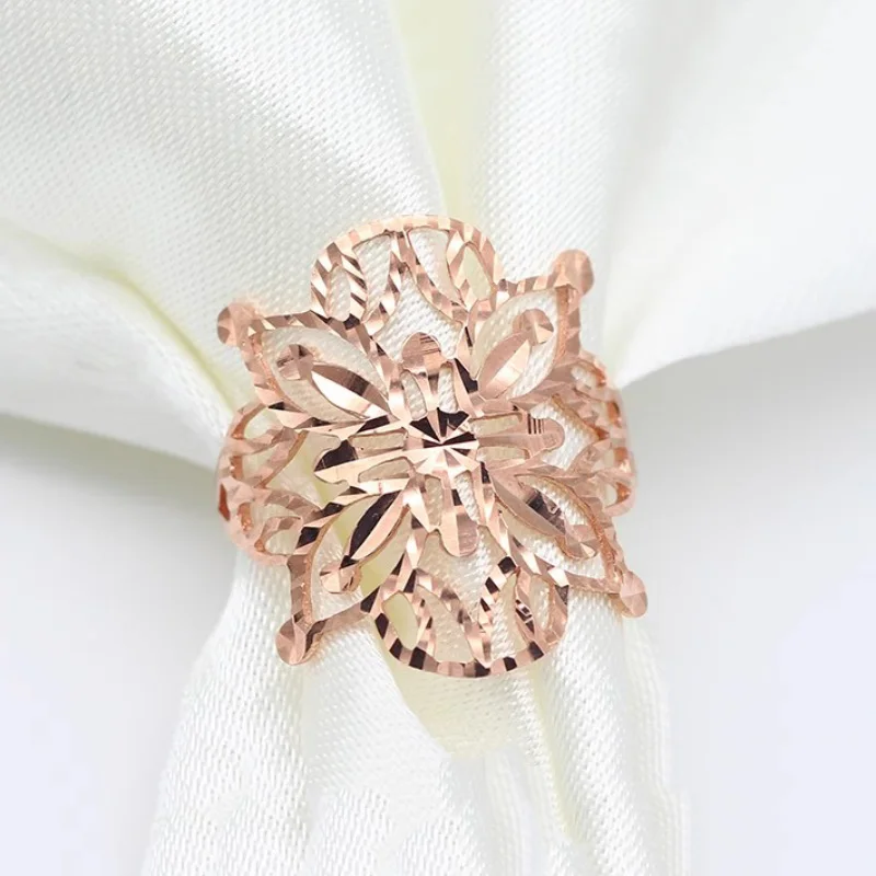 585 Purple Gold Plated 14K Rose Gold Hollow Flower Piece Shiny rings for women Adjustable Charm Elegant engagement ring Jewelry