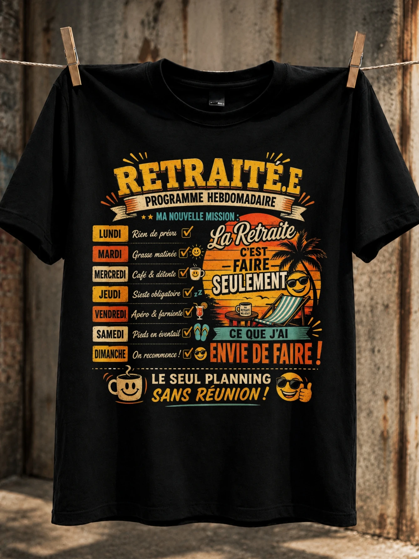 French Retiret Freedom Plan orange gold schedule and no meeting message bold vintage lifestyle  Unisex All T-Shirt