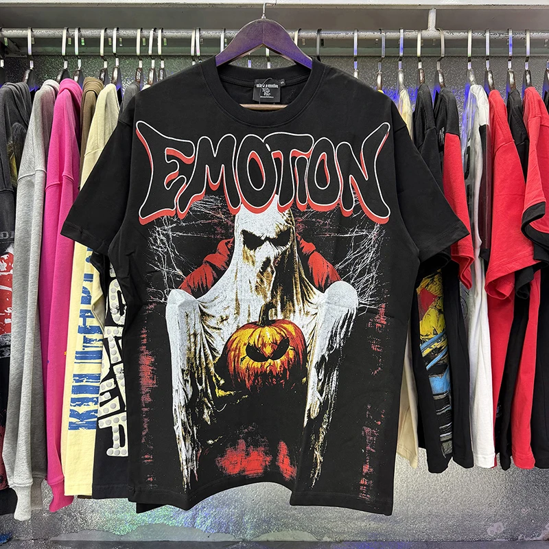 MIXED EMOTION Mens Ghost Pumpkin Graphic Print Rhinestone Letter Short Sleeve T Shirt Casual Loose Street Top