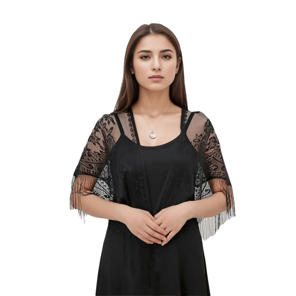 

Модный полиэстеровый кружевной ажурный шарф-треугольник с вышивкой и бахромой, однотонный, прозрачный, белый, сетчатый, весенний