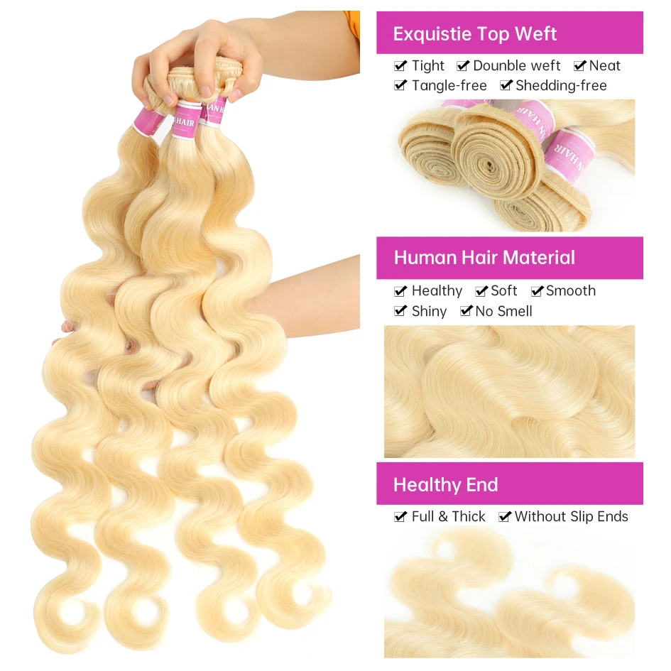 Tissage en Lot Brésilien Naturel Remy Body Wave Blond, Extensions de Cheveux Humains, 36 38 40 Pouces, 613