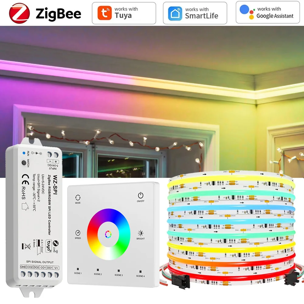 Tira de luces LED RGBIC COB Tuya Zigbee de 10m y 20m, 24V direccionable IC, decoración de luz para sala de juegos de fiesta, control remoto táctil de 2,4G para Alexa y Google Home