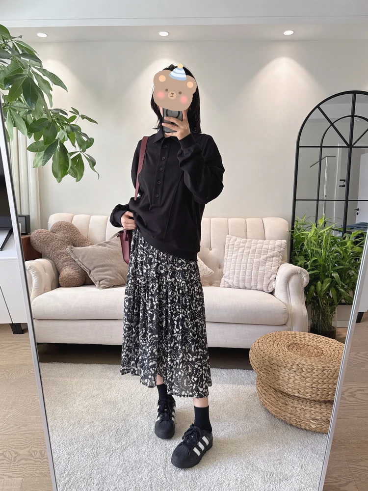 

Modern Retro Bla White Rose Floral Print A-Line Skirt Ele Draped Midi Skirt Spring Summer Faionable Women's Skirt