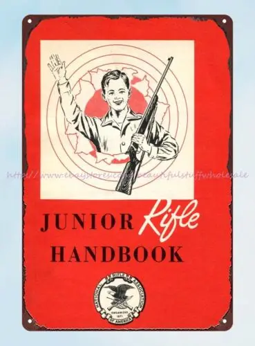 NRA Junior Rifle Handbook c.1960 metal tin sign old  house