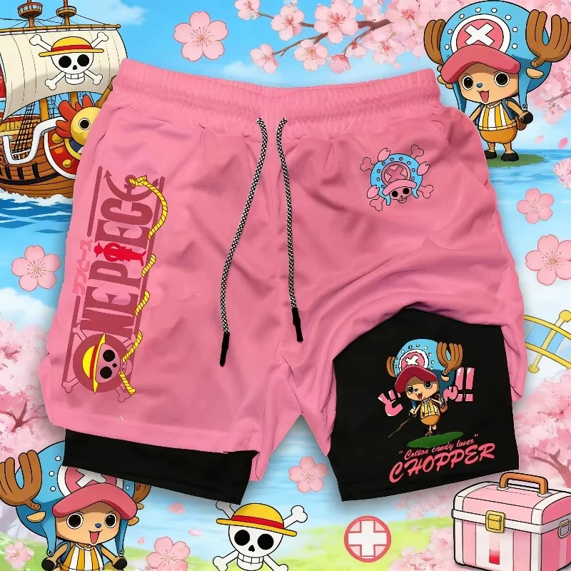

Мужские двухслойные шорты с принтом ONE PIECE Luffy, дышащие, свободные, спортивные, в американском летнем стиле, коллекция 2026 года