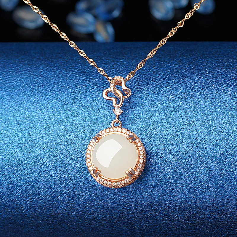 Certificate-Included Pure Silver Inlaid Half-Round Hetian Jade Pendant for Women, European and American Fashion, Minimalist Styl