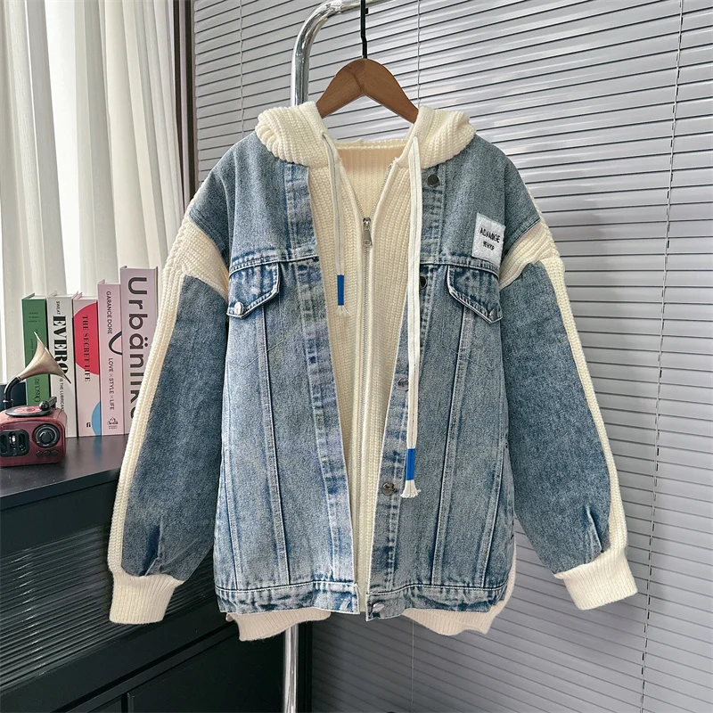 2024 autumn and winter new lazy denim patchwork knitted cardigan women\'s loose casual hooded sweater jacket top