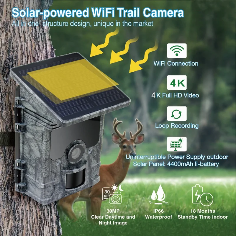 4K Hunting Camera WiFi Solar Panel Powered Trail Camera Trap Night Vision Waterproof IP66 Game Wildlife Cameras Foto Chasse