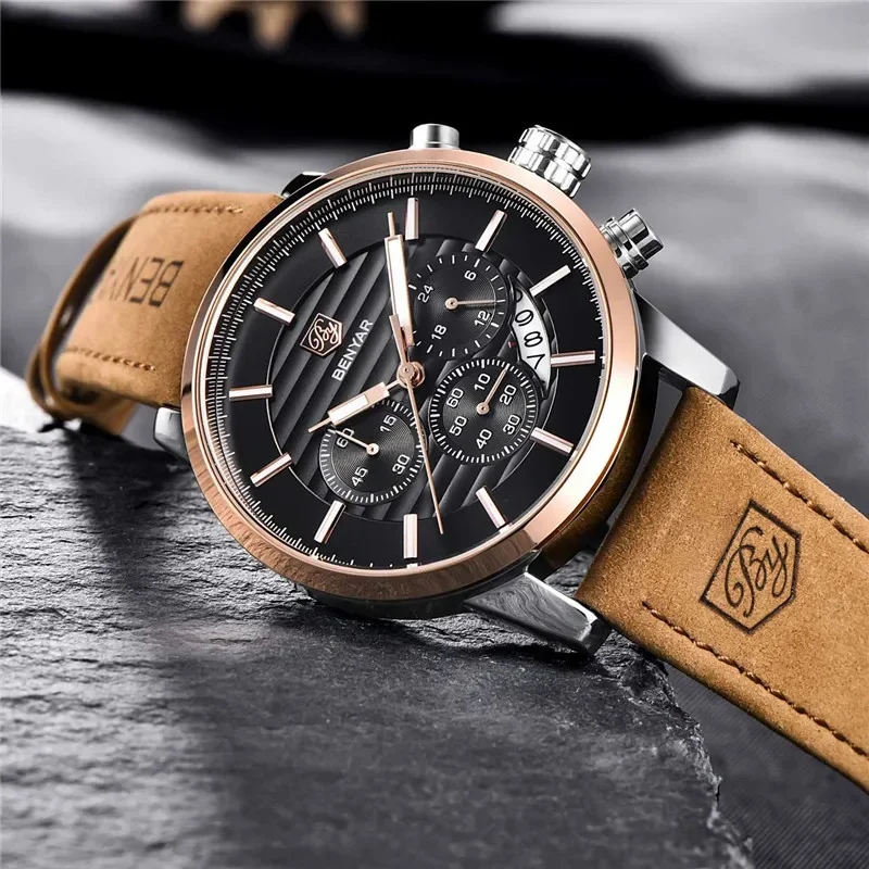 BENYAR Luxury Men's Wristwatch Leather Strap Military Sport Chronograph Waterproof Quartz Watch for Men