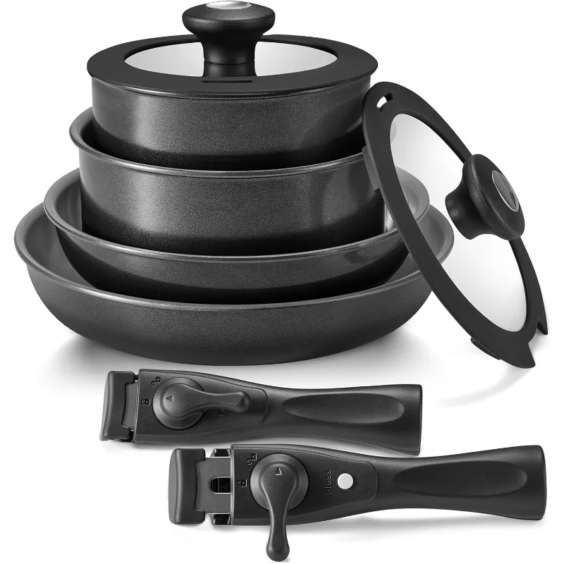 

Induction Cookware with Healthy Ceramic Coating, Camping Pots and Pans Set Nonstick 10pcs with Detachable Handles, Induction