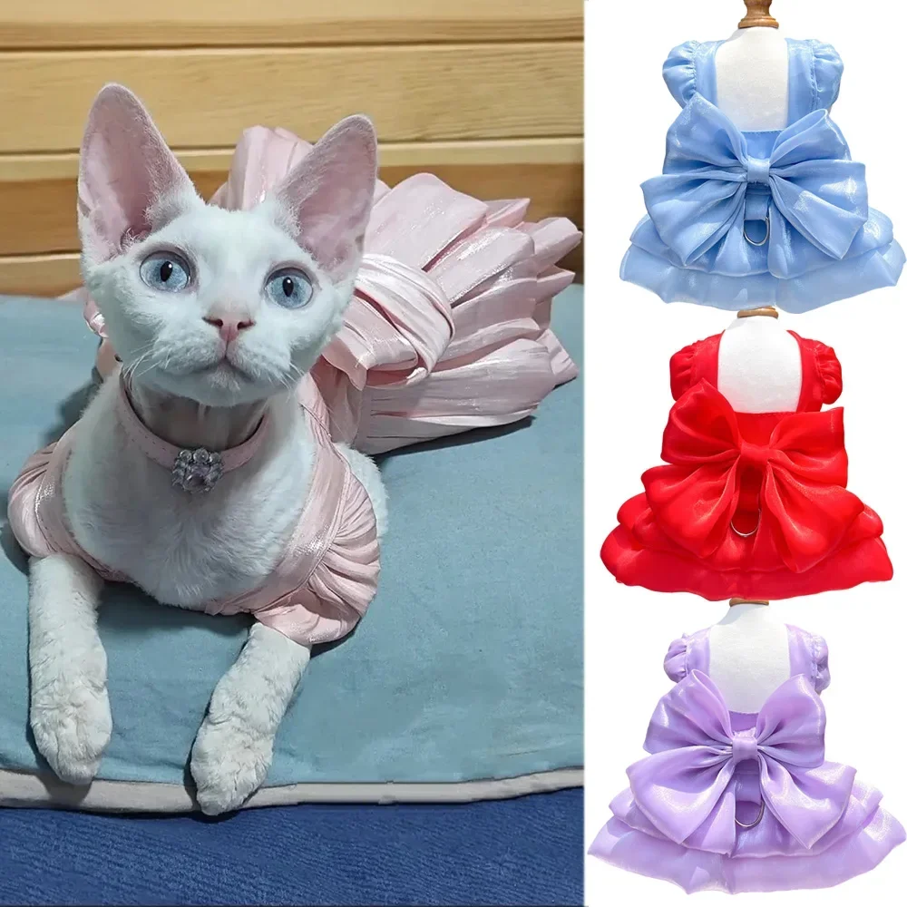 Fashion Sphynx Cat Full Dress with Bow Sweet Pet Wedding Dresses Clothes for Cats Gotas Kitten Skirt mascotas Costume vestidos