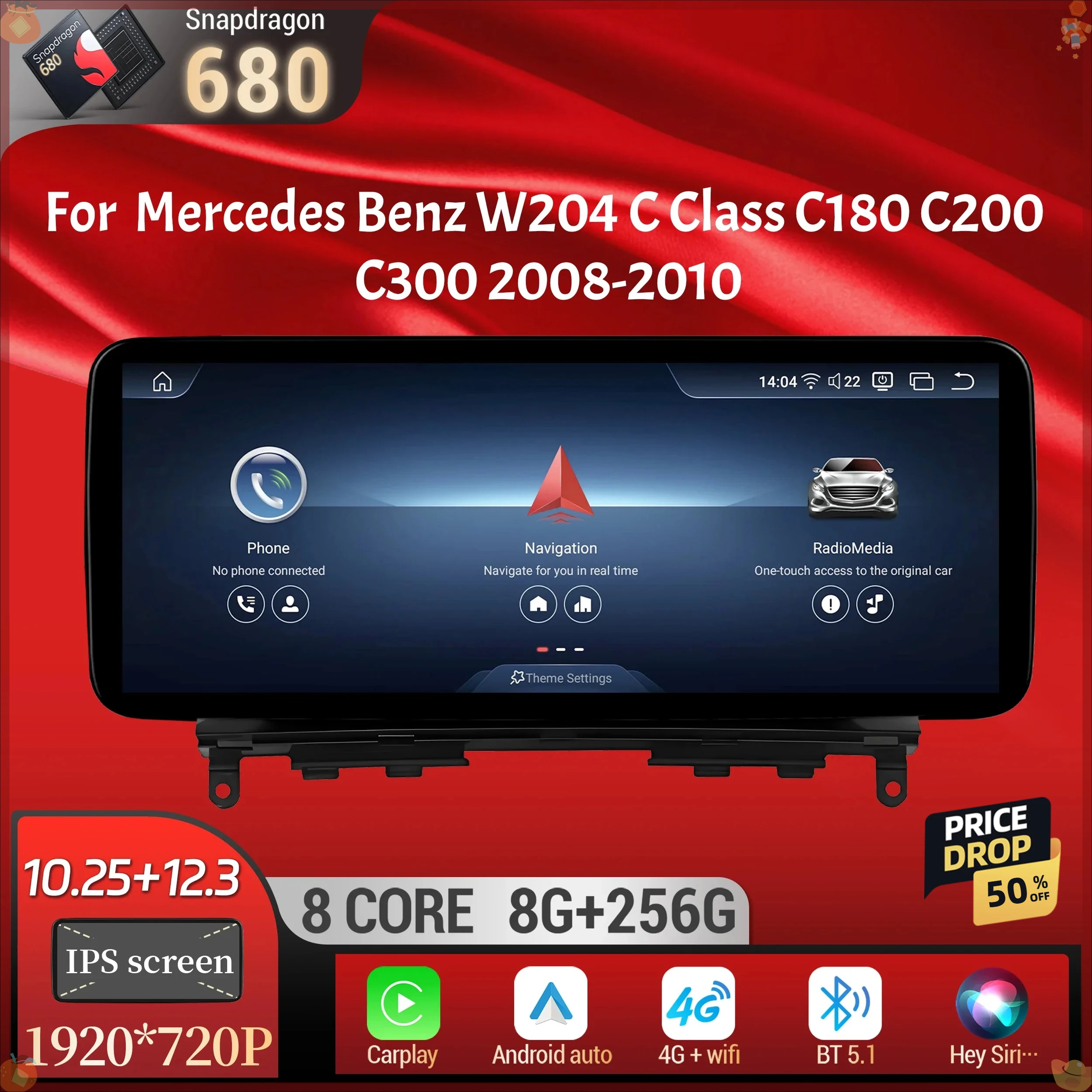 Car Radio For Mercedes Benz W204 C Class C180 C200 C300 2008-2010 Android 14 Wireless Carplay Snapdragon 680 CPU SM6225 Screen