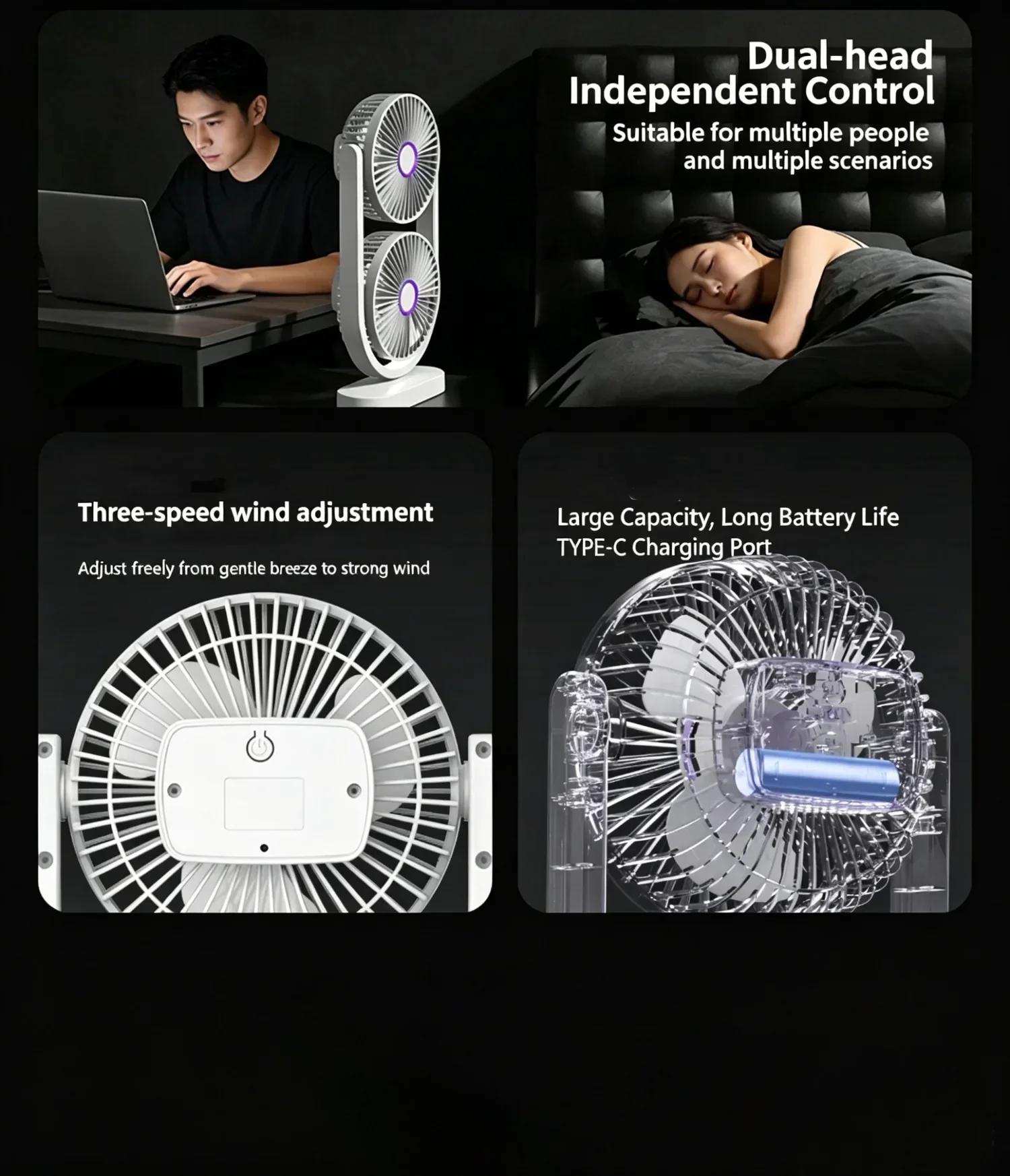 Dual-Head-Schreibtischventilator mit unabhängiger Steuerung, USB wiederaufladbar, 3 Geschwindigkeitsstufen, 360° verstellbar ° Geräuscharmer Twin-Turbo-Lüfter für Büro und Zuhause – Detail 4