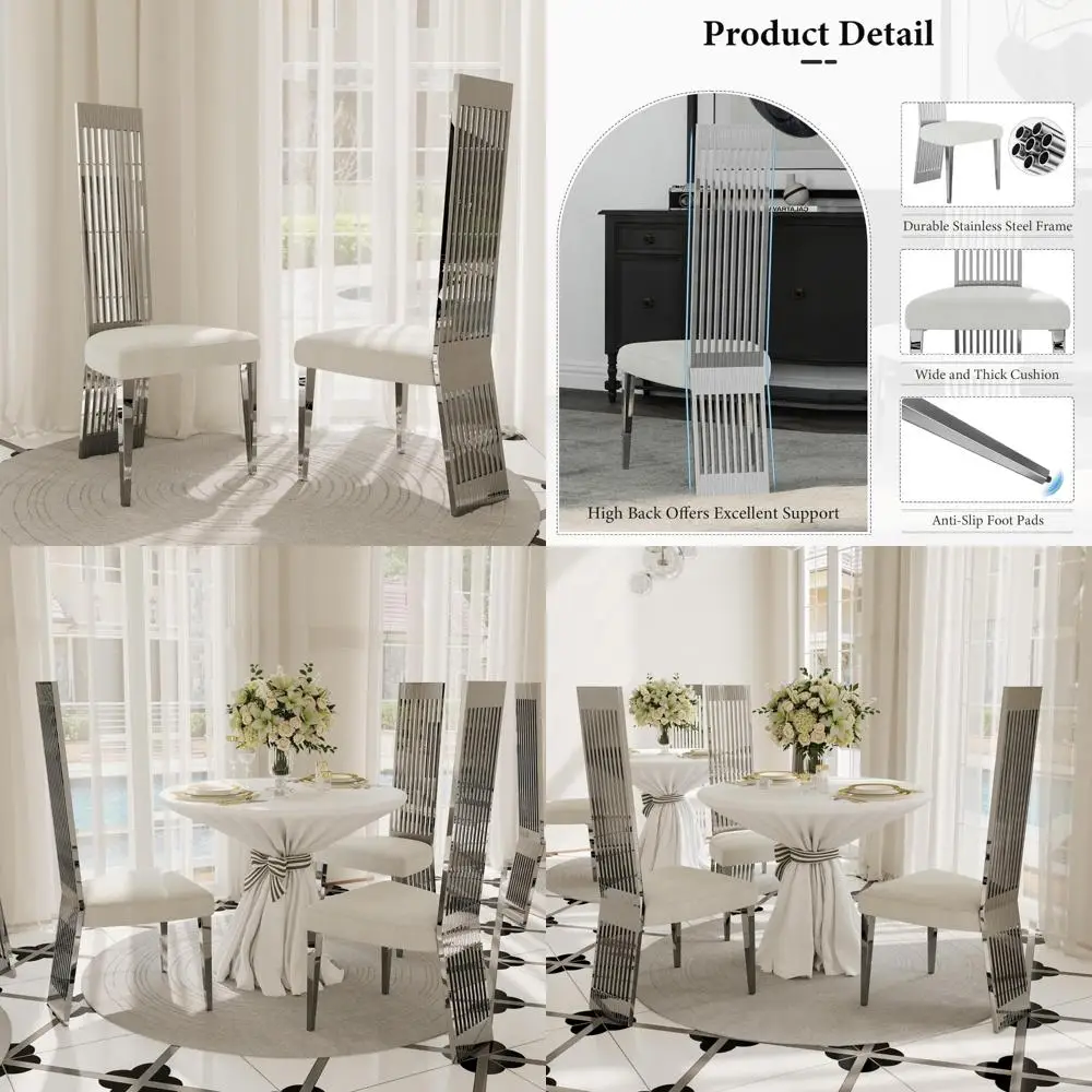 Modern Upholstered High Back Dining Chairs Set of 2, White and Silver, Stainless Steel Legs, Contemporary Style