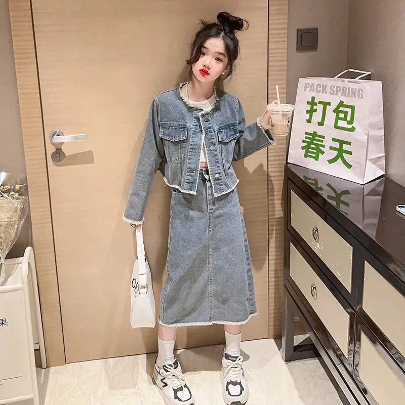 Kids Outfits Autumn Denim Skirt Jacket Two Pieces Casual Teens Girls Boutique Clothes Fashion Streetwear Children Clothing Set