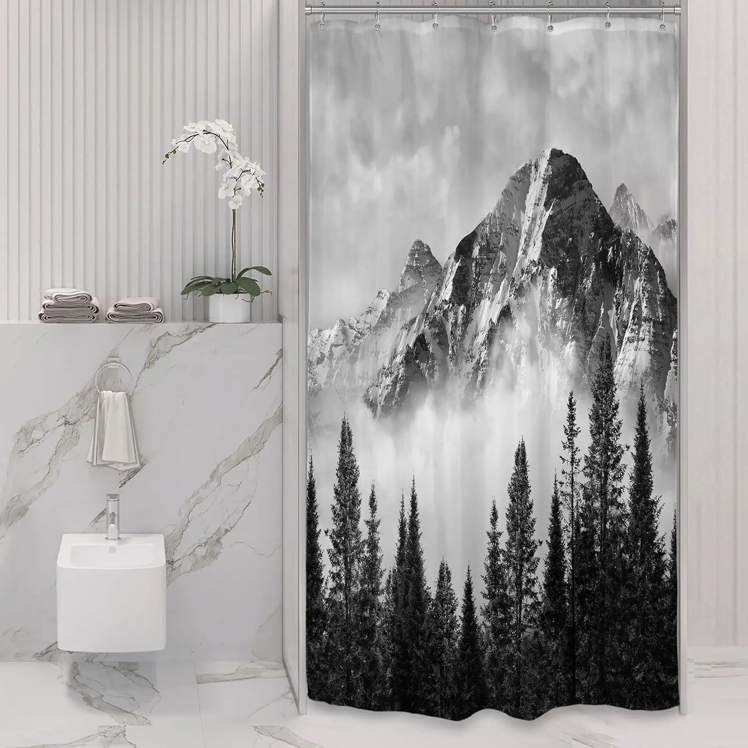 

Mountain Forest Shower Curtain Black White Landscape Art Snowy Peaks Pine Trees Foggy Scene Bathroom Decor Waterproof Fabric