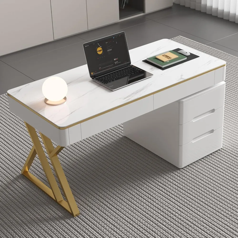 Computer Desk with Drawers and Tempered Glass Top，Thickened Lacquered PC Desk and Writing Desk，Wooden Home Office Desk