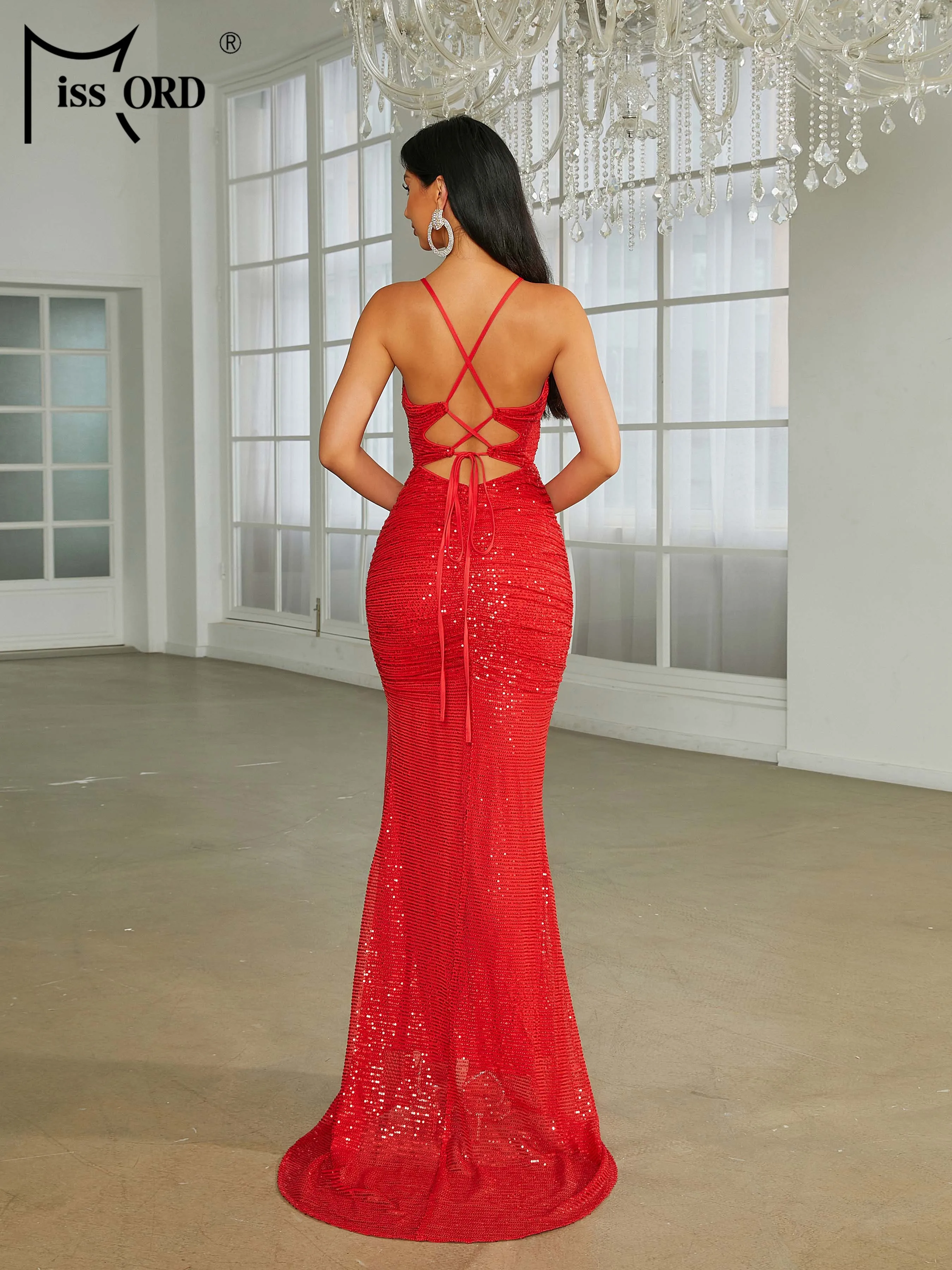 

Missord New Spaghetti Backless Sexy Sequin Split Evening Gown Wedding Birthday Party Chic Woman Cutout Maxi Dress