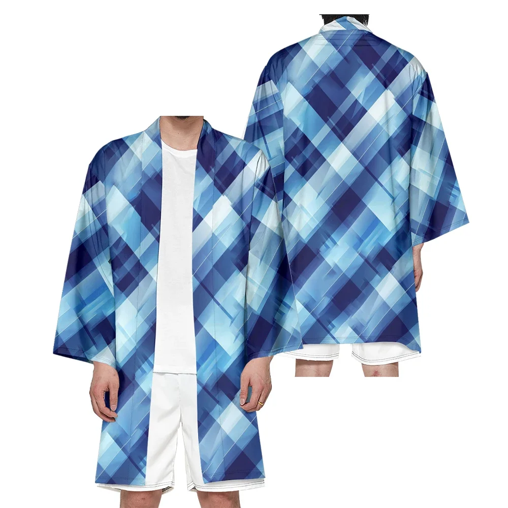 Autumn Samurai Kimono Cosplay Japanese Fashion Stylish Haori Plaid Kimono Men Cardigan Casual Robe Elegant Yukata