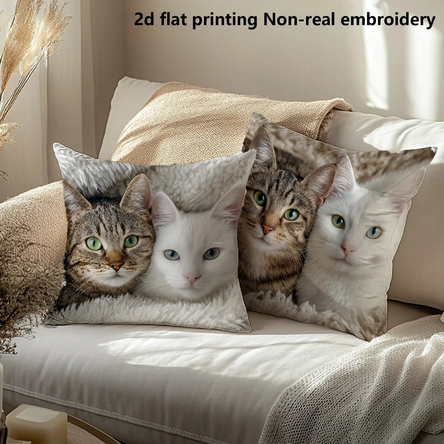 Realistic Tabby & White Cat Couple Throw Pillow Covers, Lifelike Cat Pair Snuggling Print Cushion Cases, Cat Lover Home Decor
