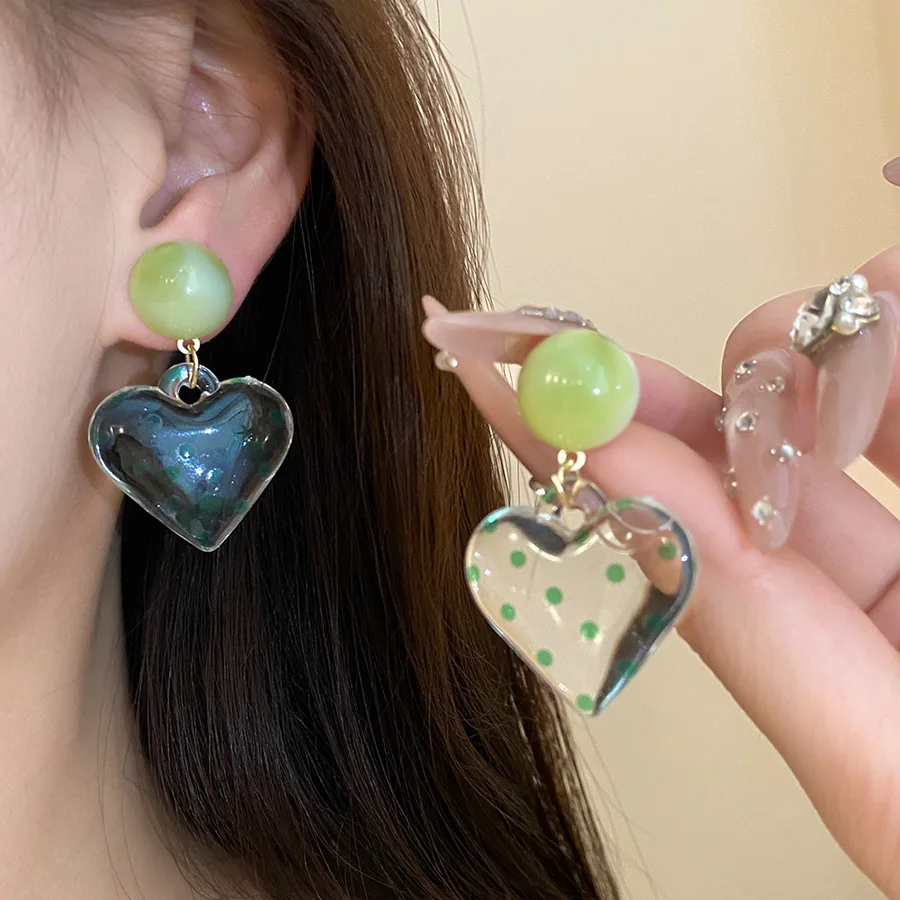 Transparent Polka Dot Heart Resin Dangle Earrings Green Smudging Round Bead Drop Earrings Women  Sweet Daily Holiday Jewelry K